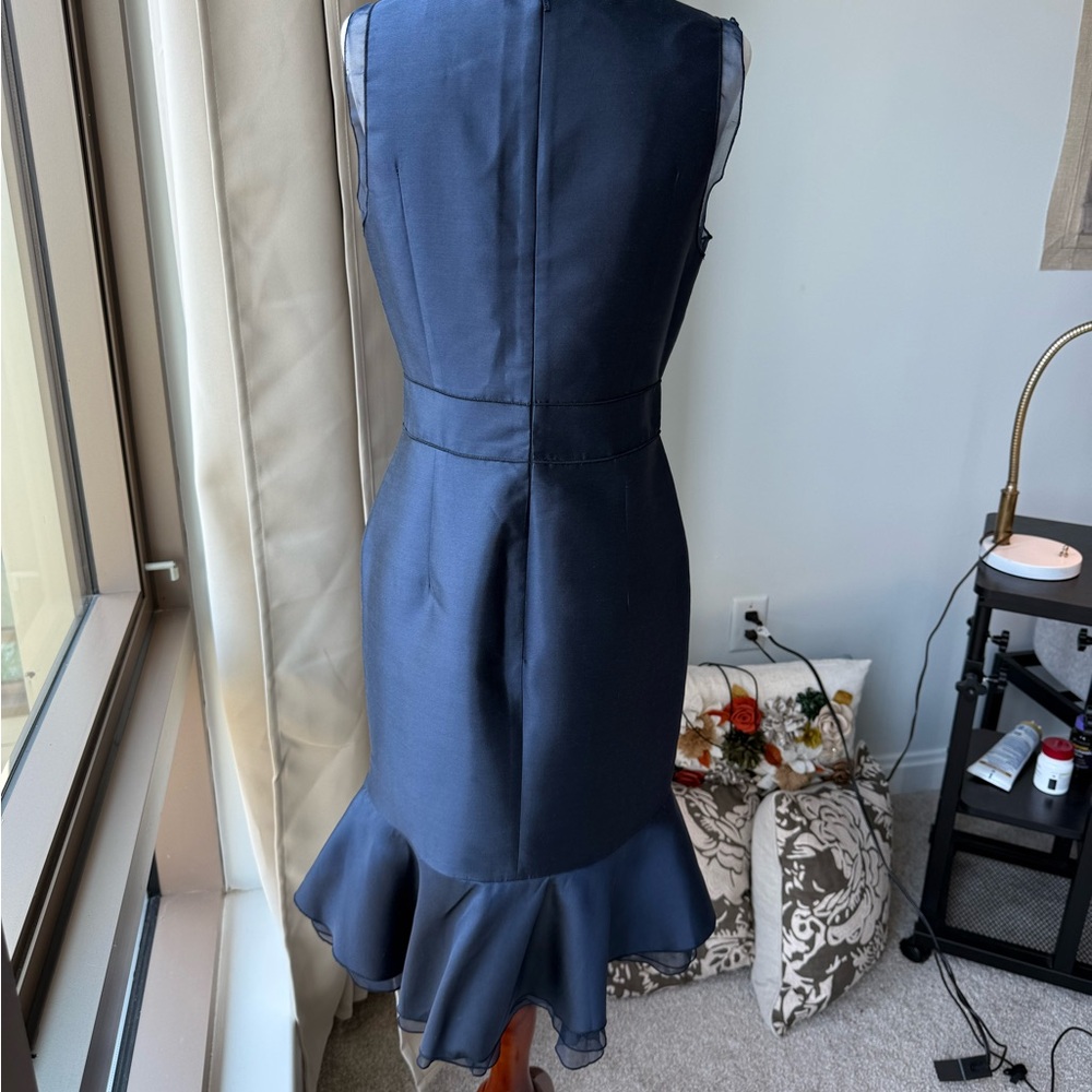 Carolina Herrera Midnight Navy V-Neck Ruffle-Hem Midi Dress - Picture 8 of 14